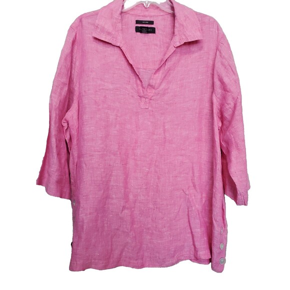 Tahari Pink 100% Linen Henley 3/4 Sleeve Tunic w/Side Vents Size 1X Beachy - Picture 1 of 6